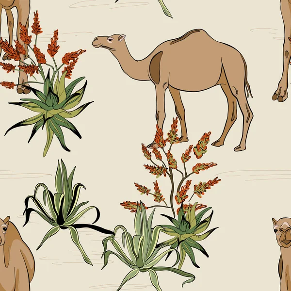 Camelo Savana Padrão Deserto Desenhos Animados Animais Selvagens Ilustração Plantas — Vetor de Stock