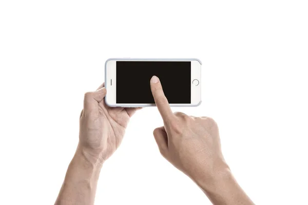 Χέρι μιας έξυπνης συσκευής αγγίξτε παρατεταμένα την οθόνη. — Φωτογραφία Αρχείου