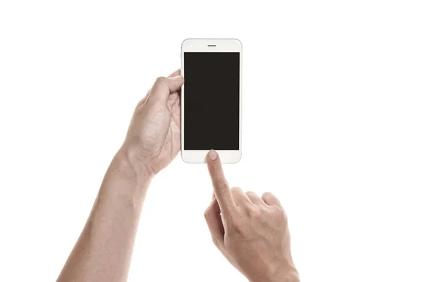 Mão segure um dispositivo inteligente e toque na tela . — Fotografia de Stock
