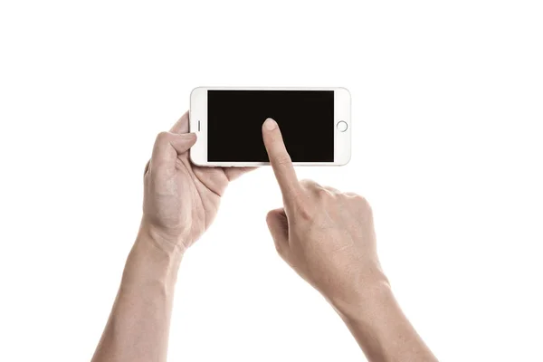 Χέρι μιας έξυπνης συσκευής αγγίξτε παρατεταμένα την οθόνη. — Φωτογραφία Αρχείου