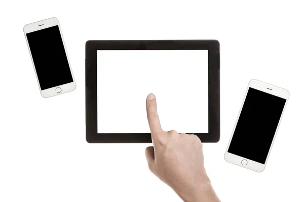 Hand berühren Sie den Bildschirm des Smart Device — Stockfoto