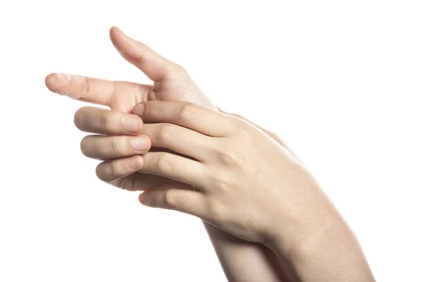 Mujer mano tocar la piel — Foto de Stock