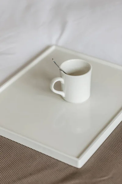 Ceramic Cup Tea Spoon White Tray White Bed Sheet — Stock Photo, Image