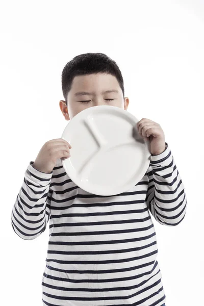 Menino Gordo Segurando Prato — Fotografia de Stock