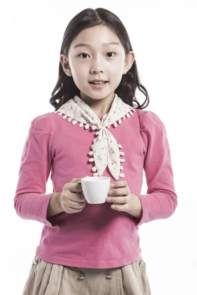 Egy Lány Egy Kerámia Csésze Tartó Viselt Egy Rózsaszín Blúz — Stock Fotó