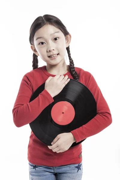 Carino Asiatico Ragazza Holding Vinile — Foto Stock