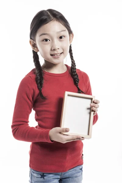 Cute Asian Dívka Drží Dřevěný Rám — Stock fotografie
