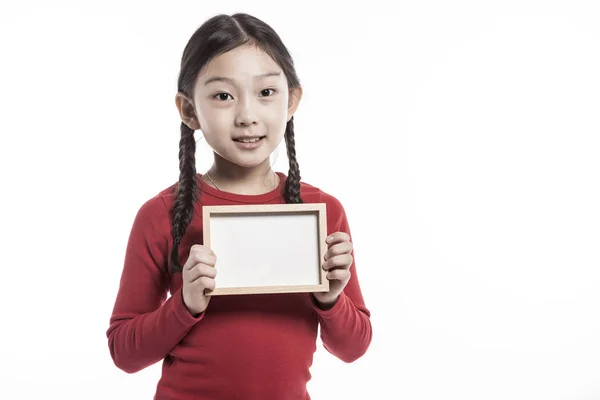 Holding Egy Fából Készült Test Aranyos Ázsiai Lány — Stock Fotó