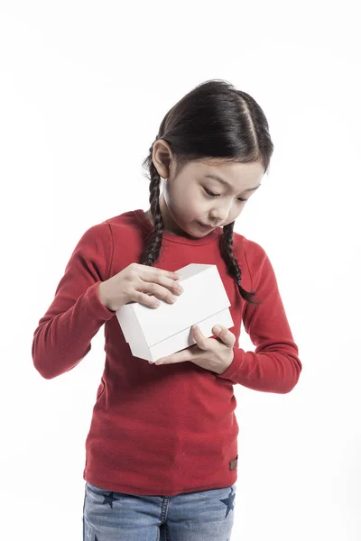 Cute Asian Girl Holding White Gift Box — Stock Photo, Image
