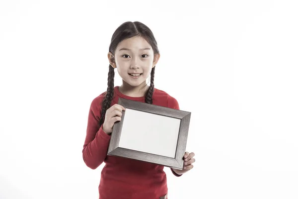 Cute Asian Dívka Drží Dřevěný Rám — Stock fotografie