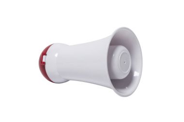 Beyaz ve kırmızı elektronik megafon beyaz arka plan üzerinde izole.