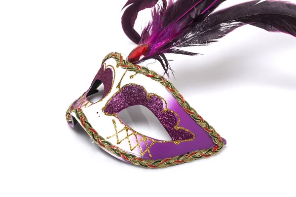 Lila Venezianische Maske Mit Feder Auf Weißem Hintergrund — Stockfoto