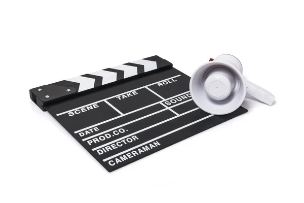 Película Clapper Megáfono Electrónico Aislado Fondo Blanco — Foto de Stock