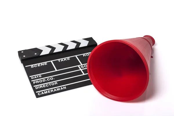 Megafone Vermelho Com Palmas Filme Isolado Fundo Branco — Fotografia de Stock