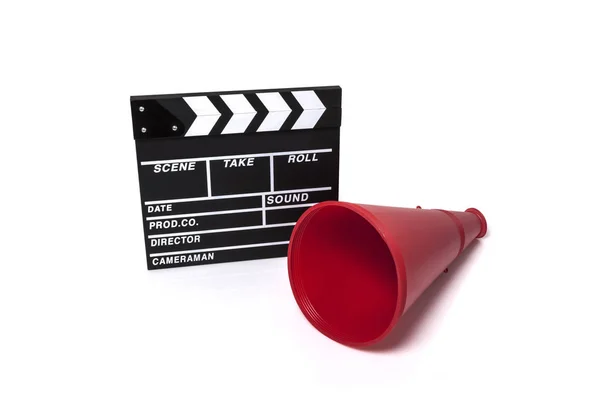 Megafone Vermelho Com Palmas Filme Isolado Fundo Branco — Fotografia de Stock