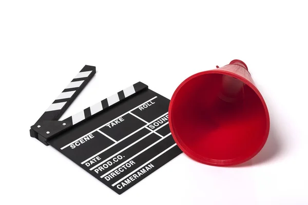 Megafone Vermelho Com Palmas Filme Isolado Fundo Branco — Fotografia de Stock