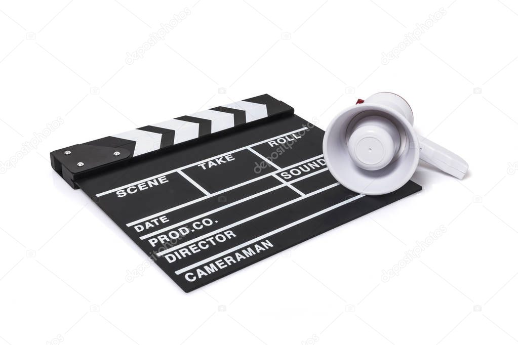 movie clapper and electronic megaphone isolated on the white background.