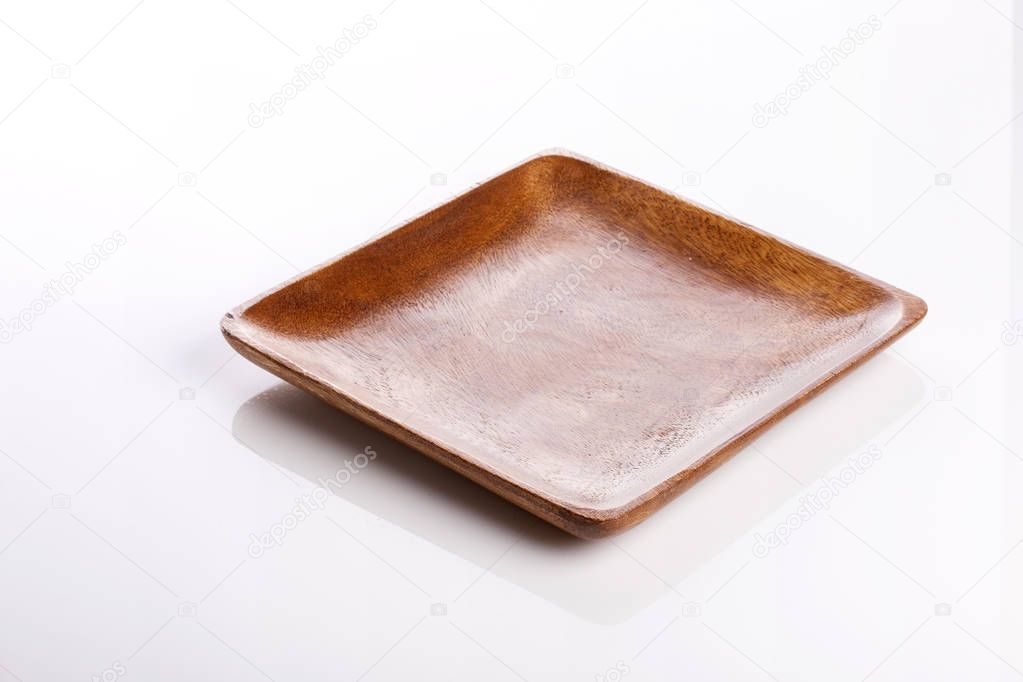 classic wooden tray on white background.