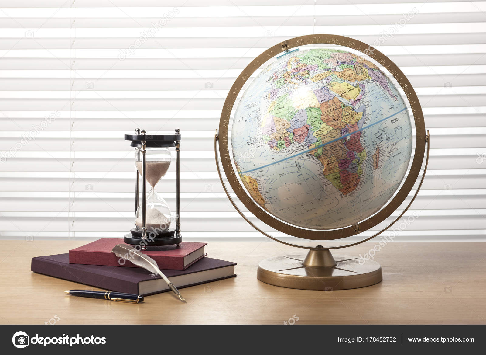 Globe Hourglass Book Wooden Desk Stock Photo Earlyspring 178452732 Globe Hourglass Book Wooden Desk Stock Photo
