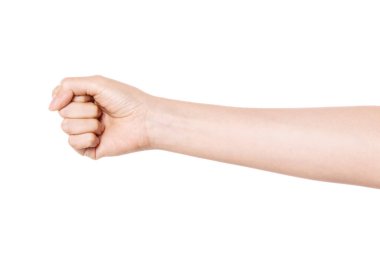 Beyaz üzerine izole kadın el hareketi (güç, yumruk, saldırı).