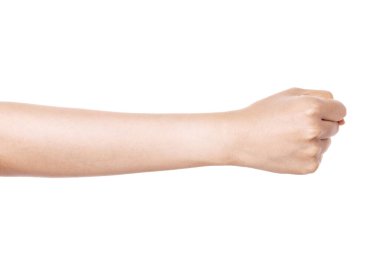 Beyaz üzerine izole kadın el hareketi (güç, yumruk, saldırı).