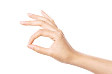 Kadın el hareketi (topla, çek, tavşan) beyaz üzerinde izole.