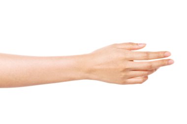 Kadın el hareketi (ver, yardım) beyaz üzerinde izole.