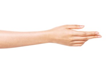 Kadın el hareketi (ver, yardım) beyaz üzerinde izole.