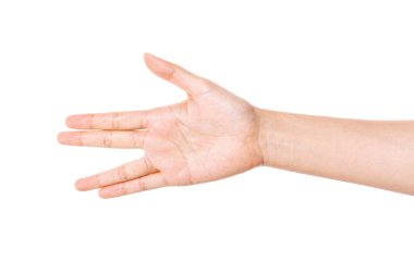Kadın el hareketi (makas) beyaz üzerine izole.