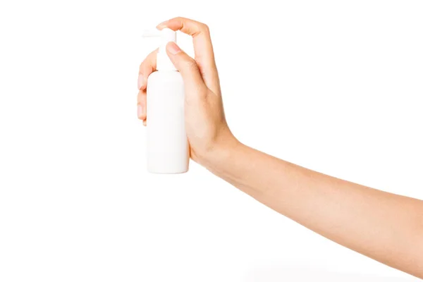 Kobieta Ręka Trzymać Kosmetyczny Pojemnik Makiety Izolowane Białym — Zdjęcie stockowe
