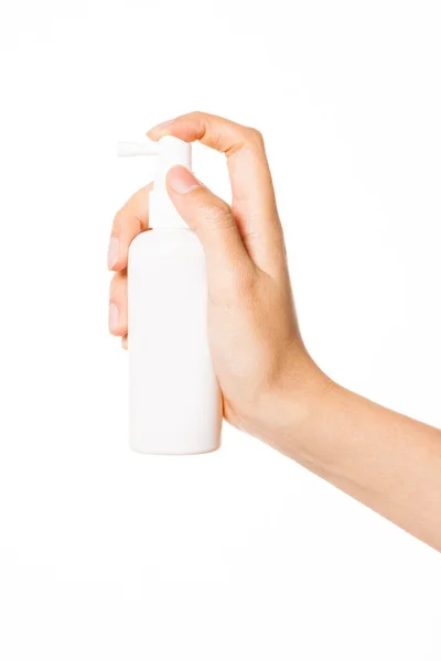 Kobieta Ręka Trzymać Kosmetyczny Pojemnik Makiety Izolowane Białym — Zdjęcie stockowe