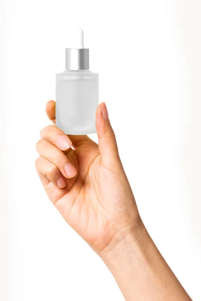 Donna Mano Tenere Contenitore Modello Cosmetico Isolato Bianco — Foto Stock