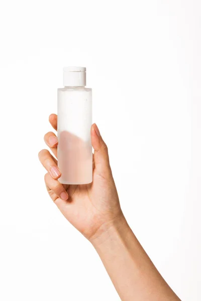 Donna Mano Tenere Contenitore Modello Cosmetico Isolato Bianco — Foto Stock