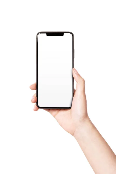 Mulher Mão Segurar Smartphone Lado Tela Vazia Isolado Branco — Fotografia de Stock
