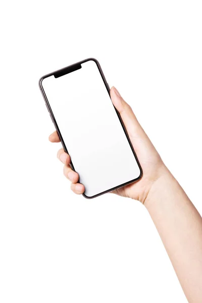 Frau Hält Smartphone Der Hand Leere Bildschirmseite Isoliert Auf Weiß — Stockfoto