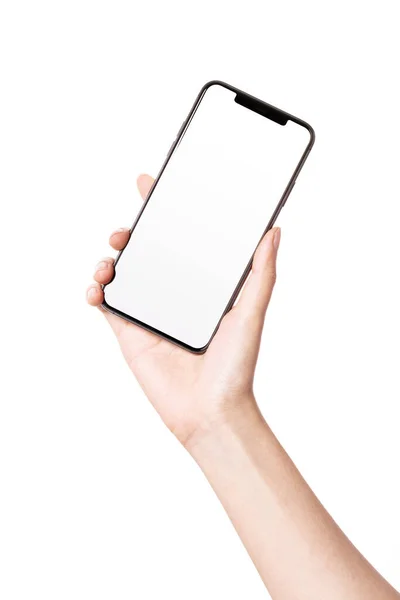 Kvinna Hand Hålla Smartphone Tom Skärm Sida Isolerad Vit — Stockfoto