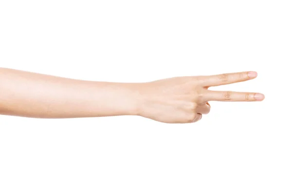 Gest Ręki Kobiety Numer Zwycięstwo Odizolowany Białym — Zdjęcie stockowe