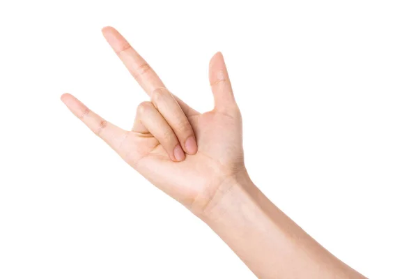 Γυναικεία Χειρονομία Χέρι Διάβολος Rock Roll Απομονώνονται Λευκό — Φωτογραφία Αρχείου