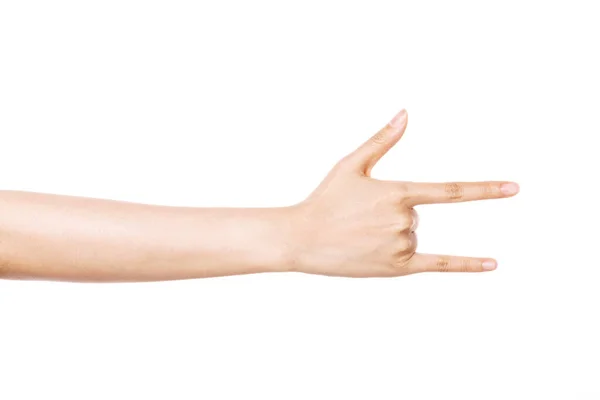 Woman Hand Gesture Devil Rock Roll Isolated White — Stock Photo, Image