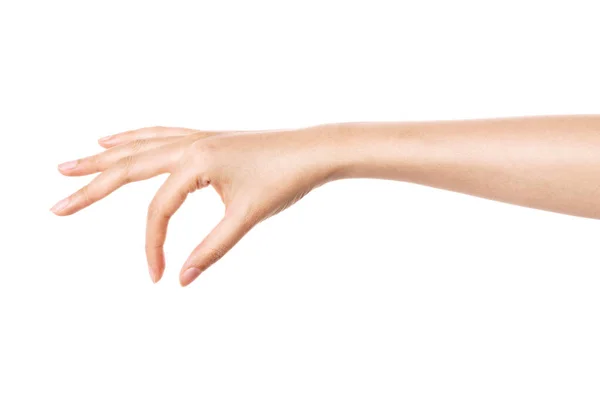 Gesto Mão Mulher Segurar Pegar Medir Estimar Isolado Branco — Fotografia de Stock