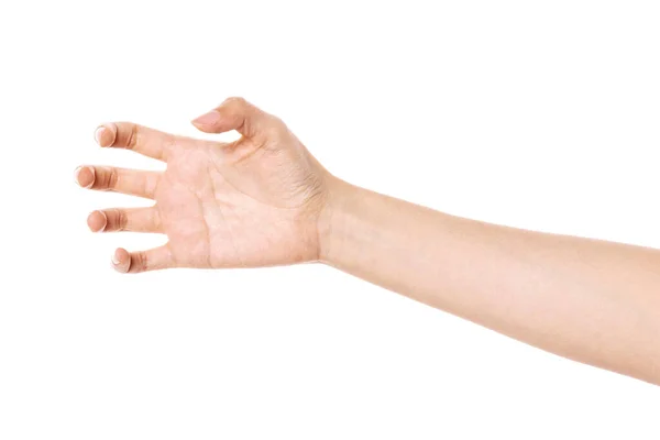 Gesto Mão Mulher Segurar Pegar Medir Estimar Isolado Branco — Fotografia de Stock