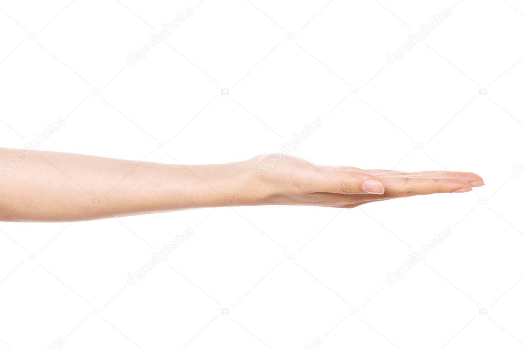 woman hand gesture (receive) isolated on white.