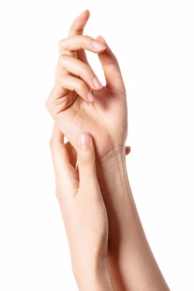 Femme Deux Mains Touchent Pour Cosmétique Isolé Sur Blanc — Photo