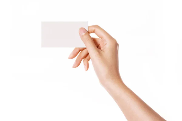 女人手里拿着一张用白色隔开的空名片 — 图库照片