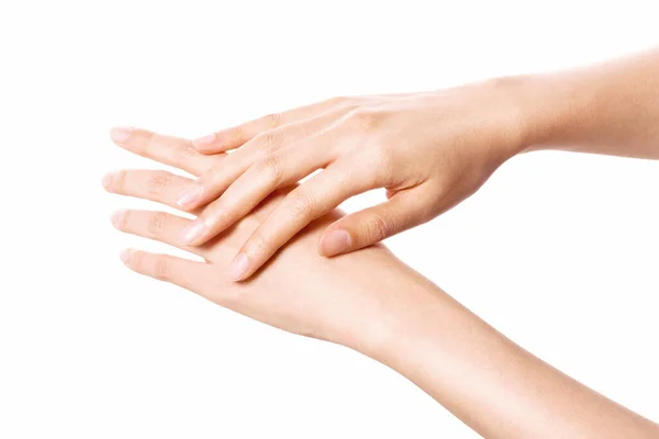 Femme Deux Mains Touchent Pour Cosmétique Isolé Sur Blanc — Photo