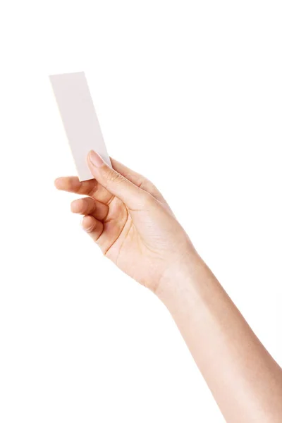 Γυναίκα Χέρι Κρατήσει Ένα Άδειο Όνομα Κάρτα Απομονώνονται Λευκό — Φωτογραφία Αρχείου