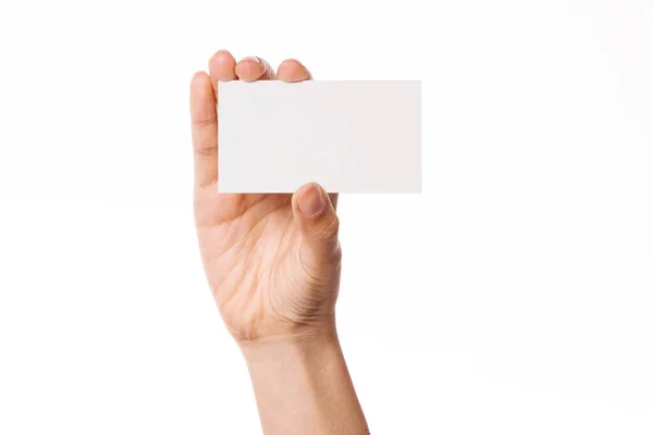女人手里拿着一张用白色隔开的空名片 — 图库照片