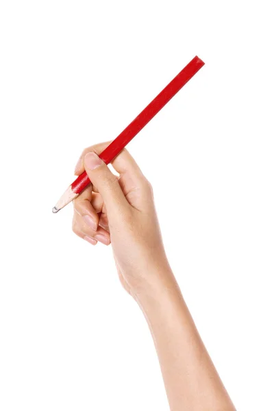 女性の手は白い上に隔離された赤い鉛筆を保持 — ストック写真