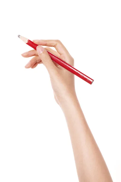 Kéz Tart Egy Piros Ceruza Elszigetelt Fehér — Stock Fotó