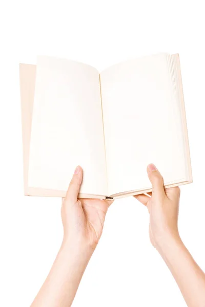 Vrouw Hand Houden Een Notebook Geïsoleerd Wit — Stockfoto